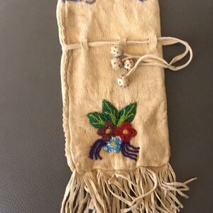 Hand Crafted Bag leather deer hide pink cotton lined bag fringe glass beads